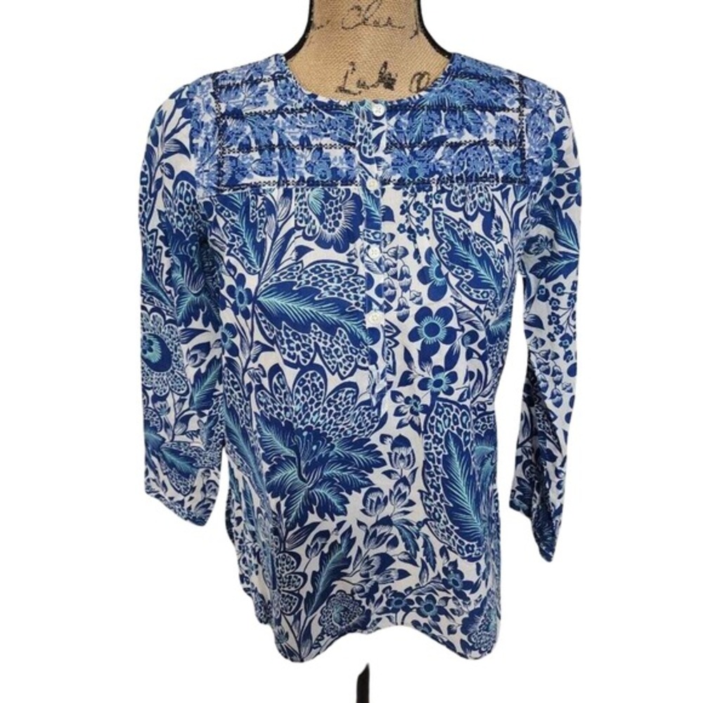 J. Crew Blue‎ White Floral Print Smocked Neck 3/4 Sleeve Tunic Top XXS
